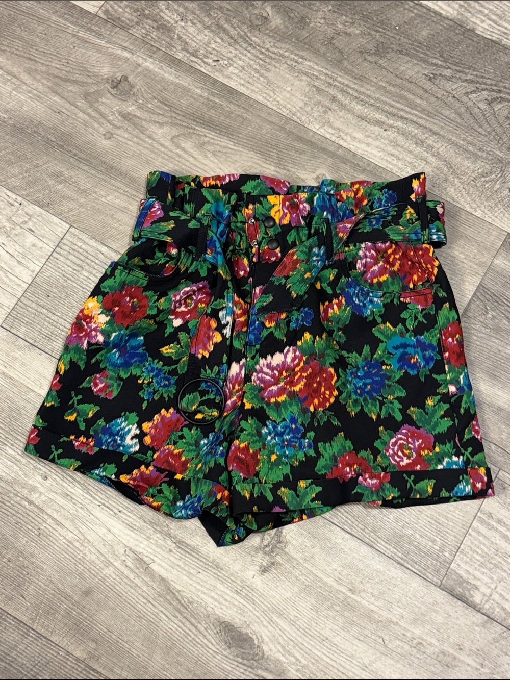 Zara Black Floral Paperbag Shorts with Tie Belt